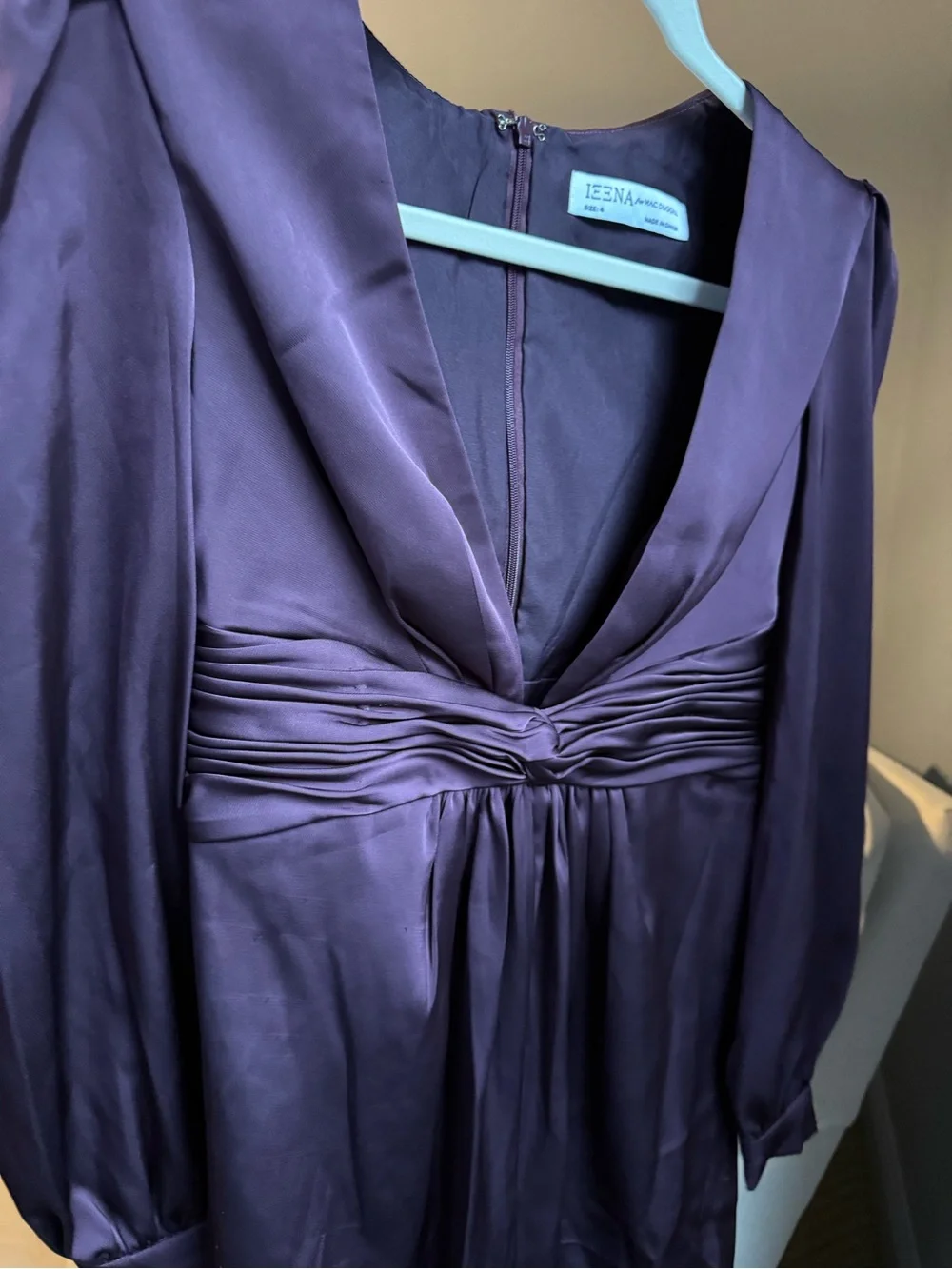 NWOT Mac Duggal Plunging Satin Jumpsuit in Plum